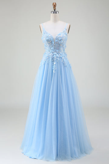 A-Line Light Blue Prom Dress with Appliques